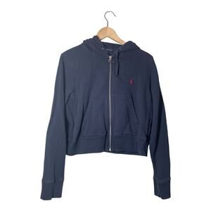 Ralph Lauren Sport Cropped Full Zip Sweatshirt Hoodie Navy Blue Pony Large